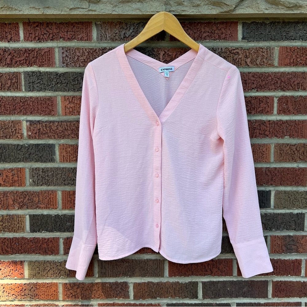 Express Baby Pink Button Down V Neck V Back Crepe Texture Blouse Top